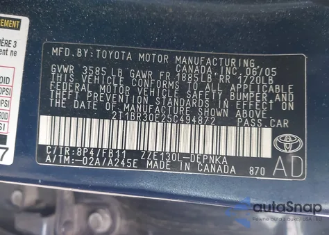 2005 Toyota Corolla Le from USA, damaged, VIN 2T1BR30E25C494872